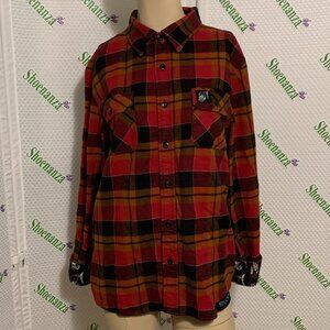 Middle Of Beyond Flannel Shirt Krampus Christmas Snow Globe Red Plaid Mens M